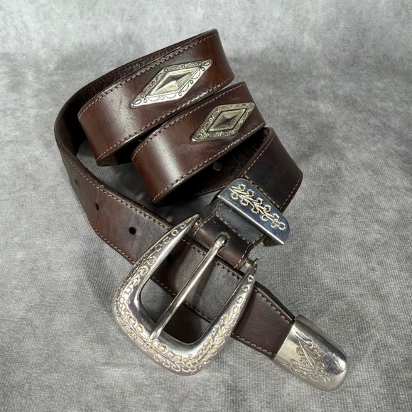 Vtg \'91 Brighton Brown Leather Western Belt Silver Gold Floral Concho USA Large main image 6